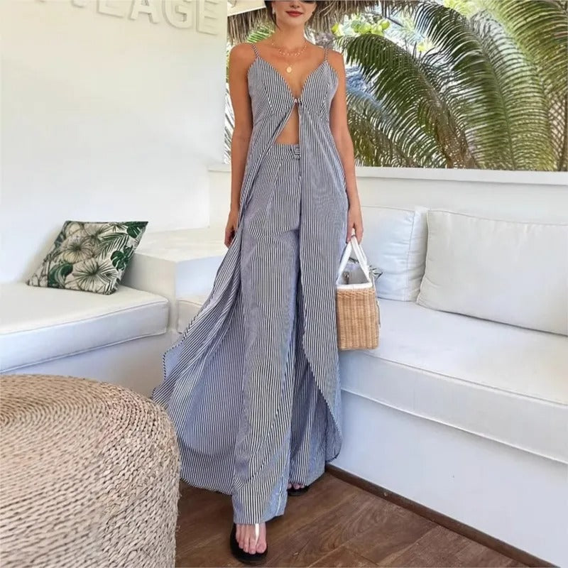 Legeres gestreiftes ärmelloses Oberteil mit weitem Hosen-Set