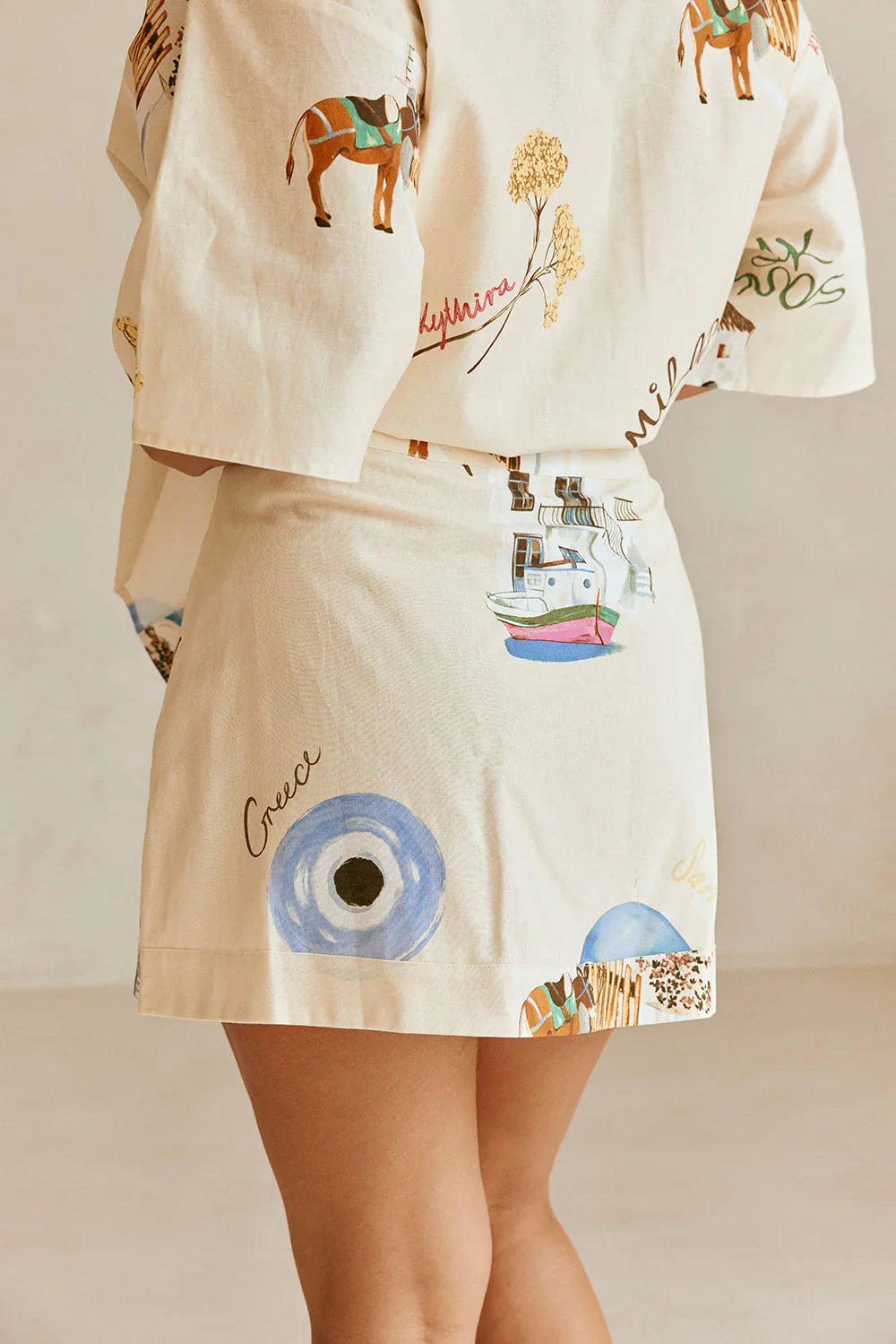 Leinenmischung Bedrucktes Kurzarmhemd und Hochgesetztes Wickelrock-Set