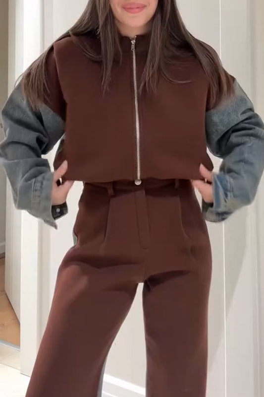 Lässige Jeans Patchwork Reißverschluss Sweatshirtjacke