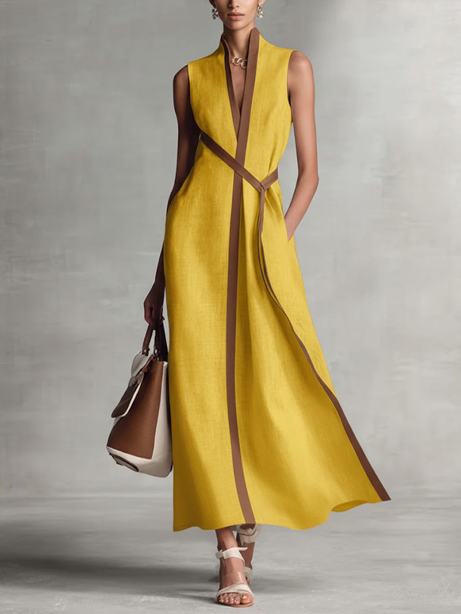 Damen ärmelloses Kleid mit Stehkragen aus Baumwoll-Leinen, leger