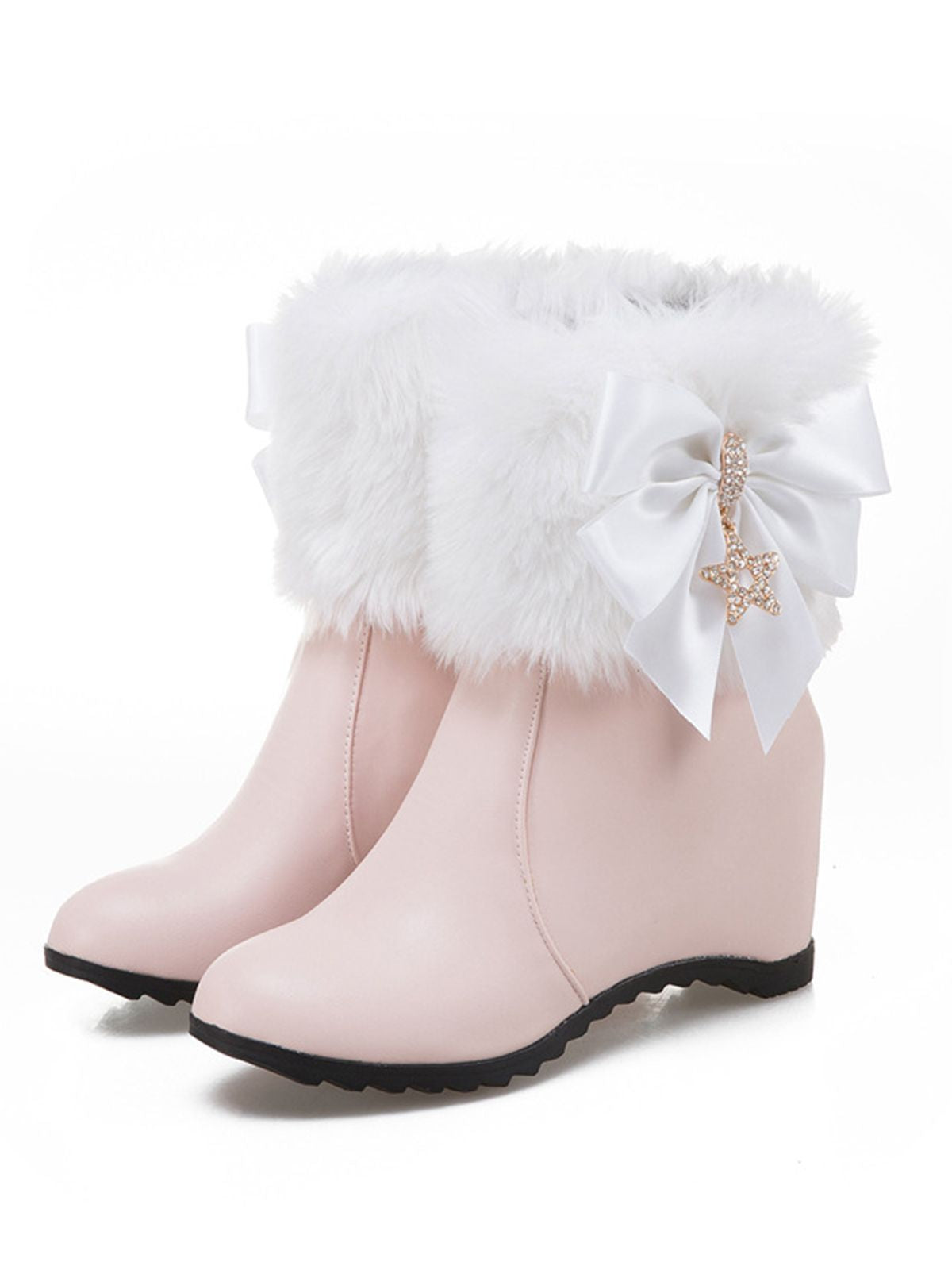 Vintage Keilstiefel aus Kunstfell mit Schleifen- und Stern-Detail