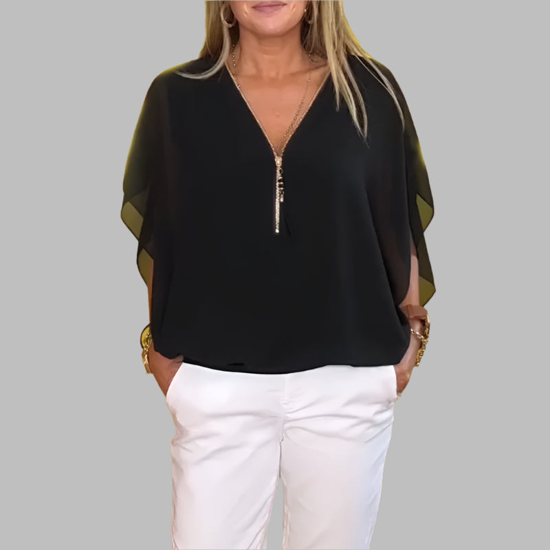 Leichtes Chiffon-Oberteil mit kurzen Ärmeln und Reißverschluss-Detail