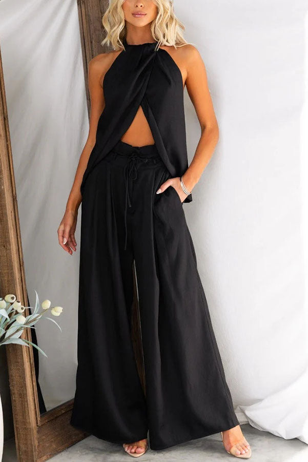 Leinenmischung Oberteil mit Schlitz vorne und weite Hose Set