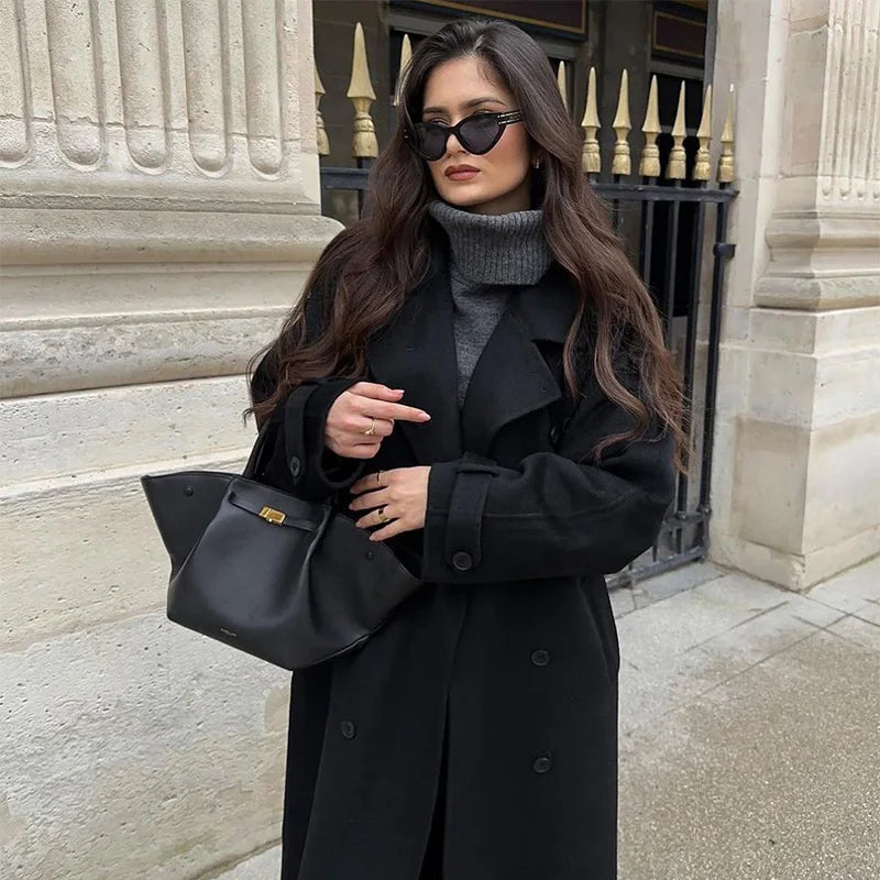 Schicker doppeltreihiger Maxi-Mantel mit Gürtel und Reverskragen