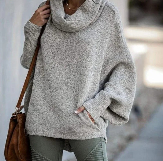 Gemütlicher Fledermaus-Umlegekragenpullover mit Taschen