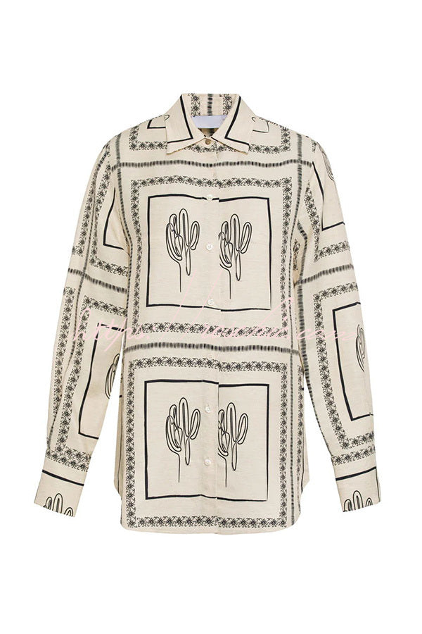 Leinenmischung Abstrakte Geometrische Linien Locker sitzende Bluse