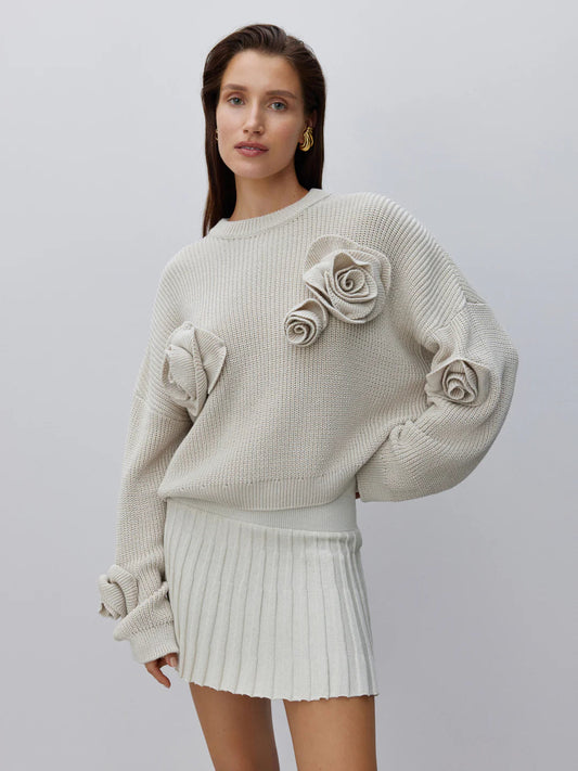 Gemütlicher 3D-Rosen-Strickpullover mit lockerem, lässigem Schnitt