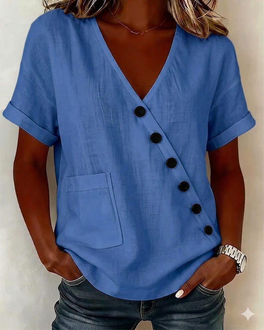 Baumwollbluse mit V-Ausschnitt und diagonaler Knopfleiste