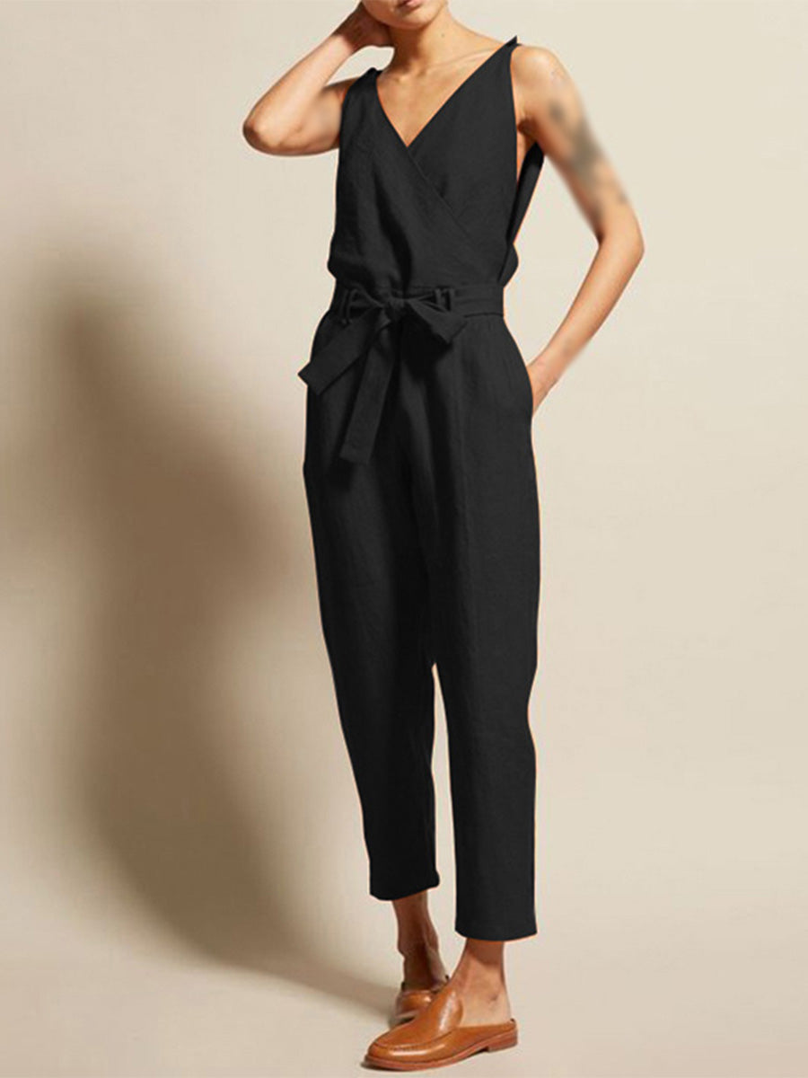 Damen Casual Jumpsuit mit V-Ausschnitt und Gürtel