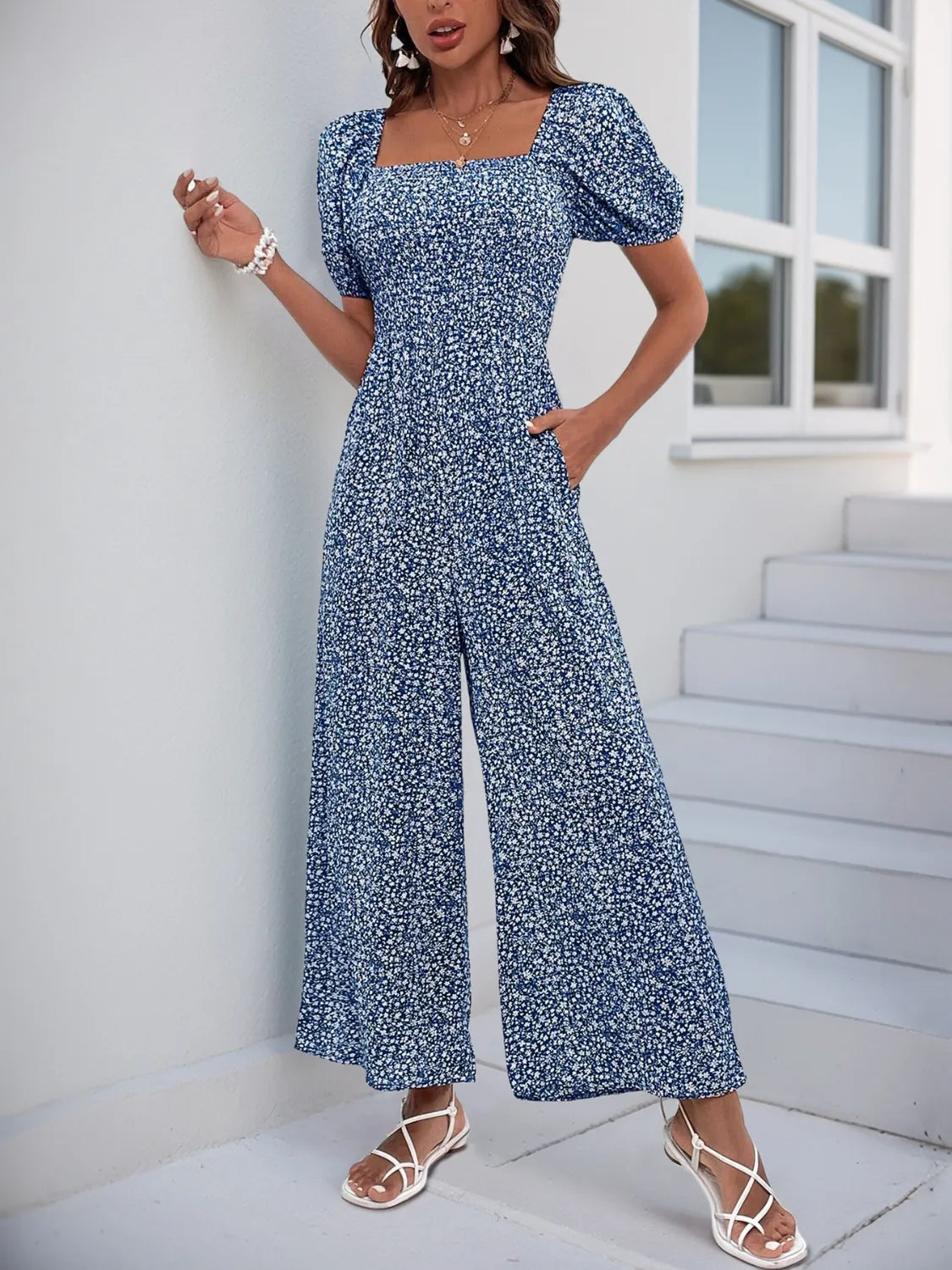 Damen Jumpsuit mit bedrucktem Karree-Ausschnitt und Puffärmeln