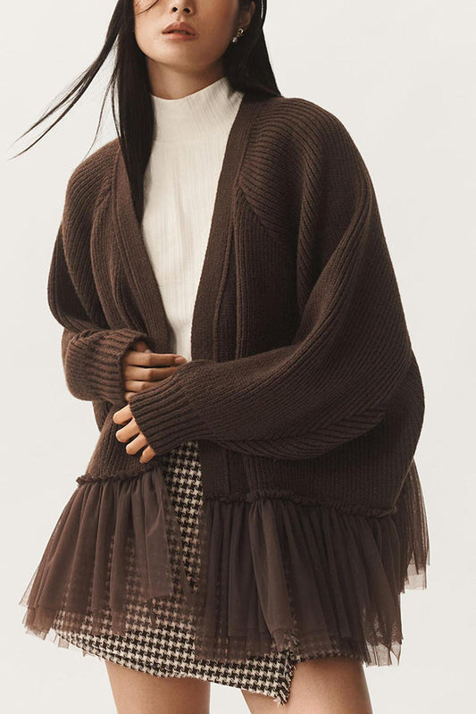 Mesh-Rüschen-Strickcardigan mit langen Ärmeln