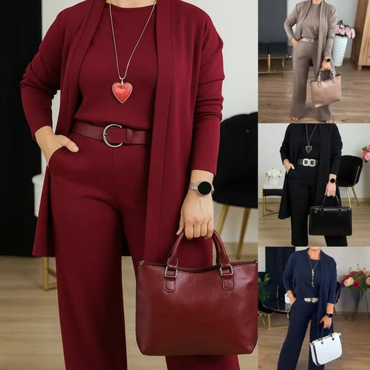 Schickes 3-teiliges Set aus langer Strickjacke, Top und Hose