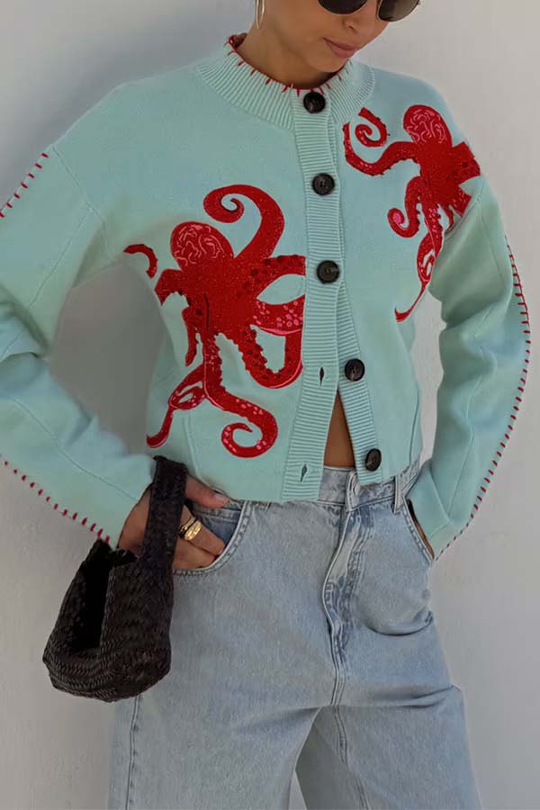 Gemütliche Küsten-Strickjacke mit nautischem Oktopus-Design