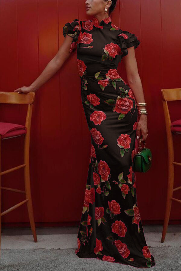 Floral Cheongsam Maxikleid mit eleganten ausgestellten Ärmeln