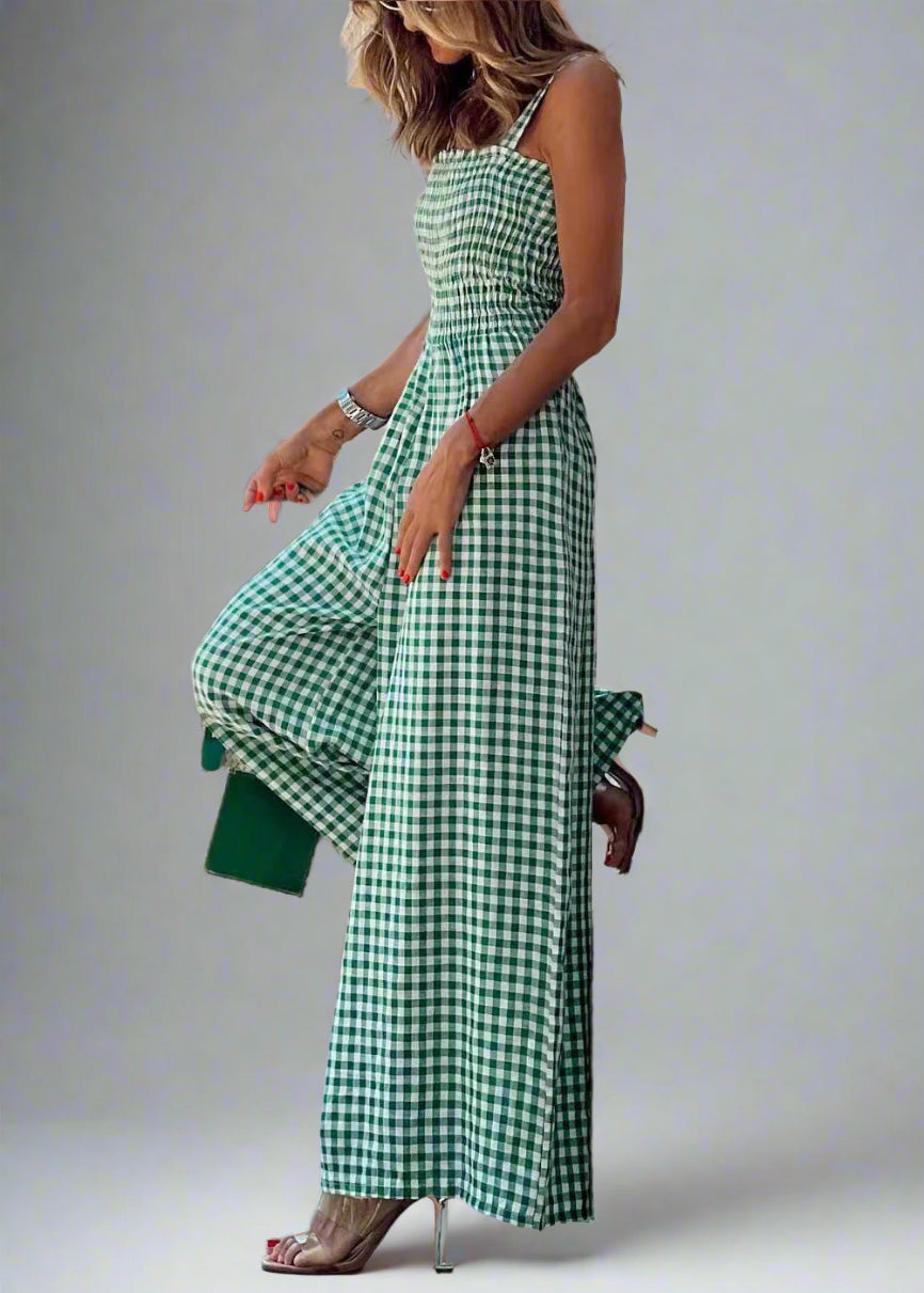 Ärmelloser grüner kariert hoher Taillen-Baumwoll-Overall