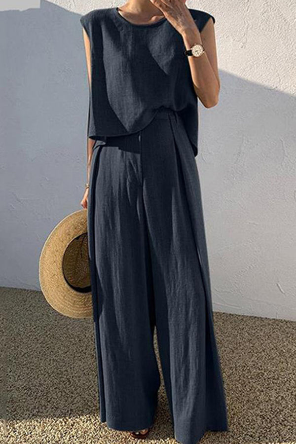 Leinenmischung Ärmelloses Oberteil und Weite Hosen Set