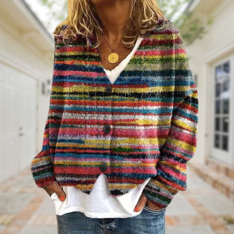 Modische Damen Strickjacke mit V-Ausschnitt, Knöpfen & auffälligen Mustern