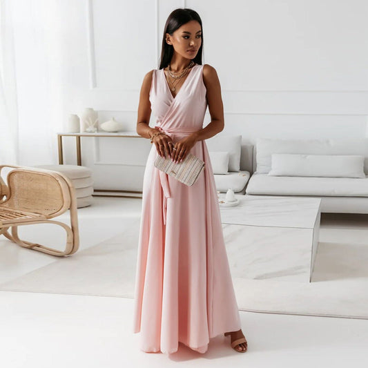 Langes Damen Kleid V-Ausschnitt, Einfarbig, Elegant für Partys & Alltag