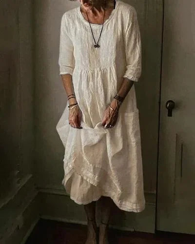 Damen Oversize Kleid aus Baumwoll-Leinen für Sommer, V-Ausschnitt, vielseitig