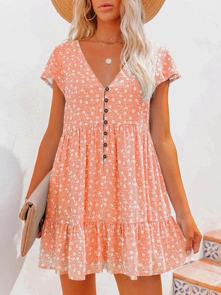 Damen Sommer Blumen V-Ausschnitt A-Linien Minikleid
