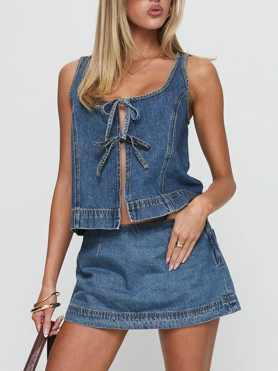 Legeres Jeans-Crop-Top mit Knoten vorne und Minirock Set