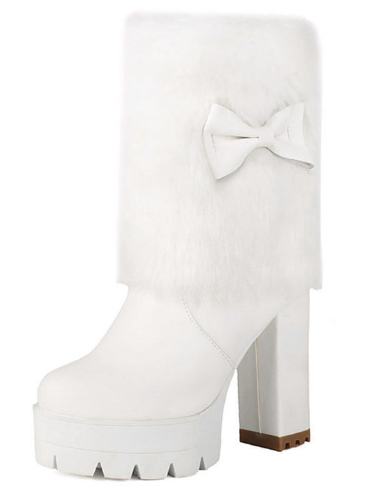 Plüschstiefel mit klobigem Absatz und Vintage-Schleifenakzent