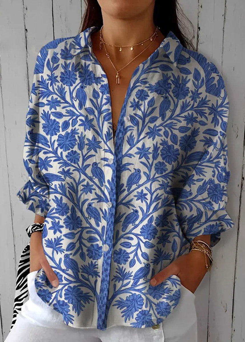 Bluse für Damen mit blauem Gartenmuster