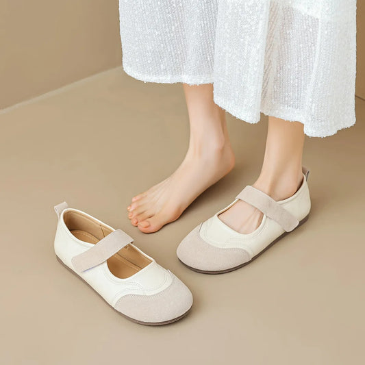 Classic Women's Mary Jane Flats with Velour Details & Velcro Closure