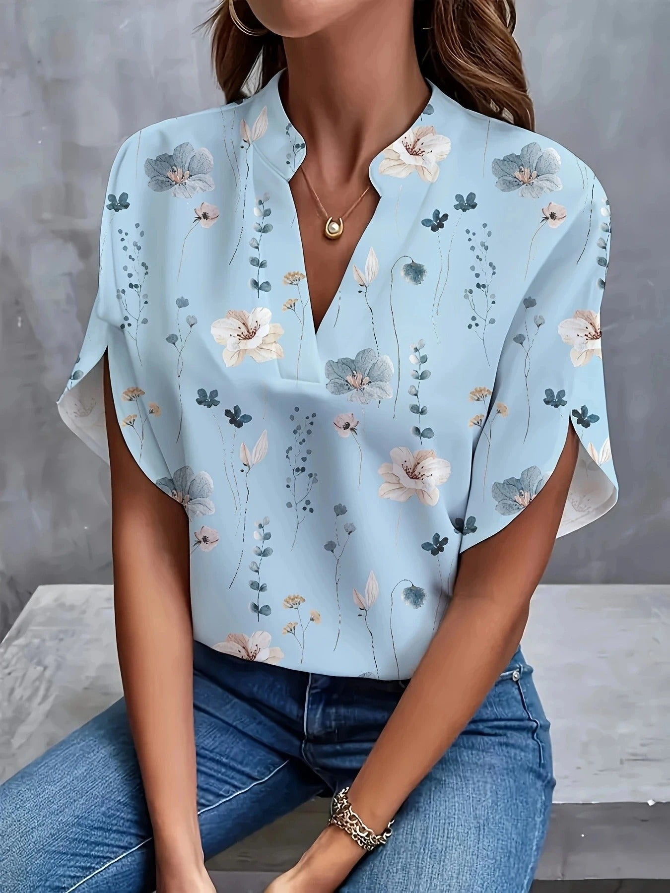 Feminine V-Neck Floral Print Blouse for Spring Casual or Office Wear