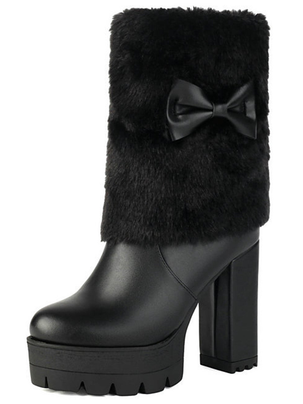 Plüschstiefel mit klobigem Absatz und Vintage-Schleifenakzent