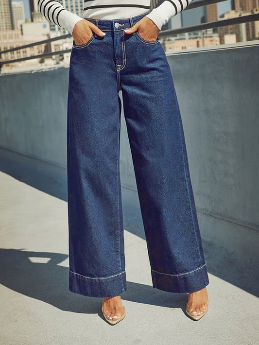 Hochtaillierte, weit geschnittene Stretch-Jeans mit Umschlag am Saum