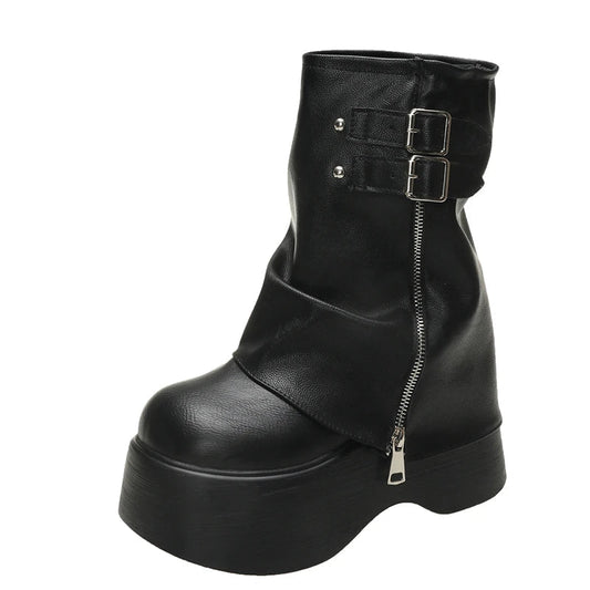 Gothic Plateau-Stiefel mit Schnalle, mittelhoch, Reißverschluss