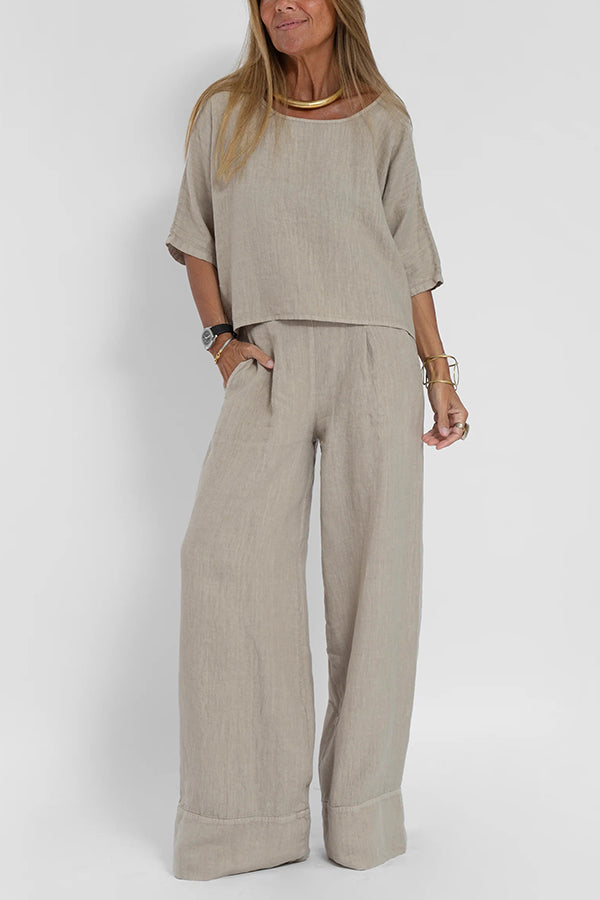 Leinenmischung Freizeitshirt mit Rundhalsausschnitt und Weitbein-Hosen-Set