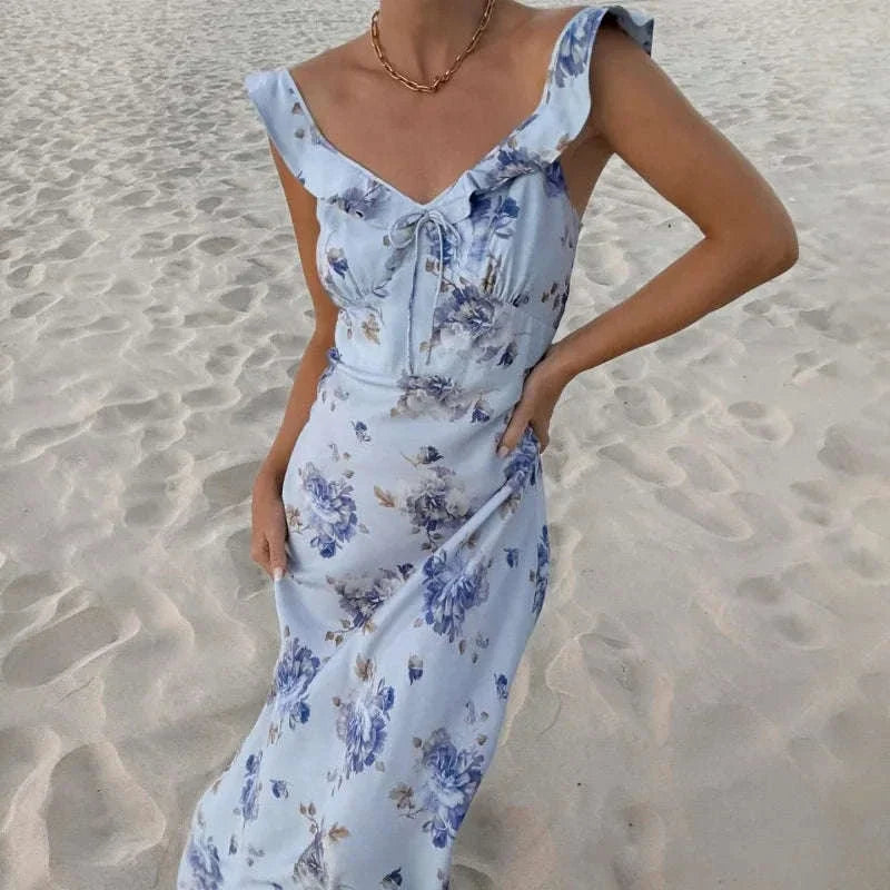 Maxikleid mit Blumenmuster, tiefem Ausschnitt und Rückenausschnitt