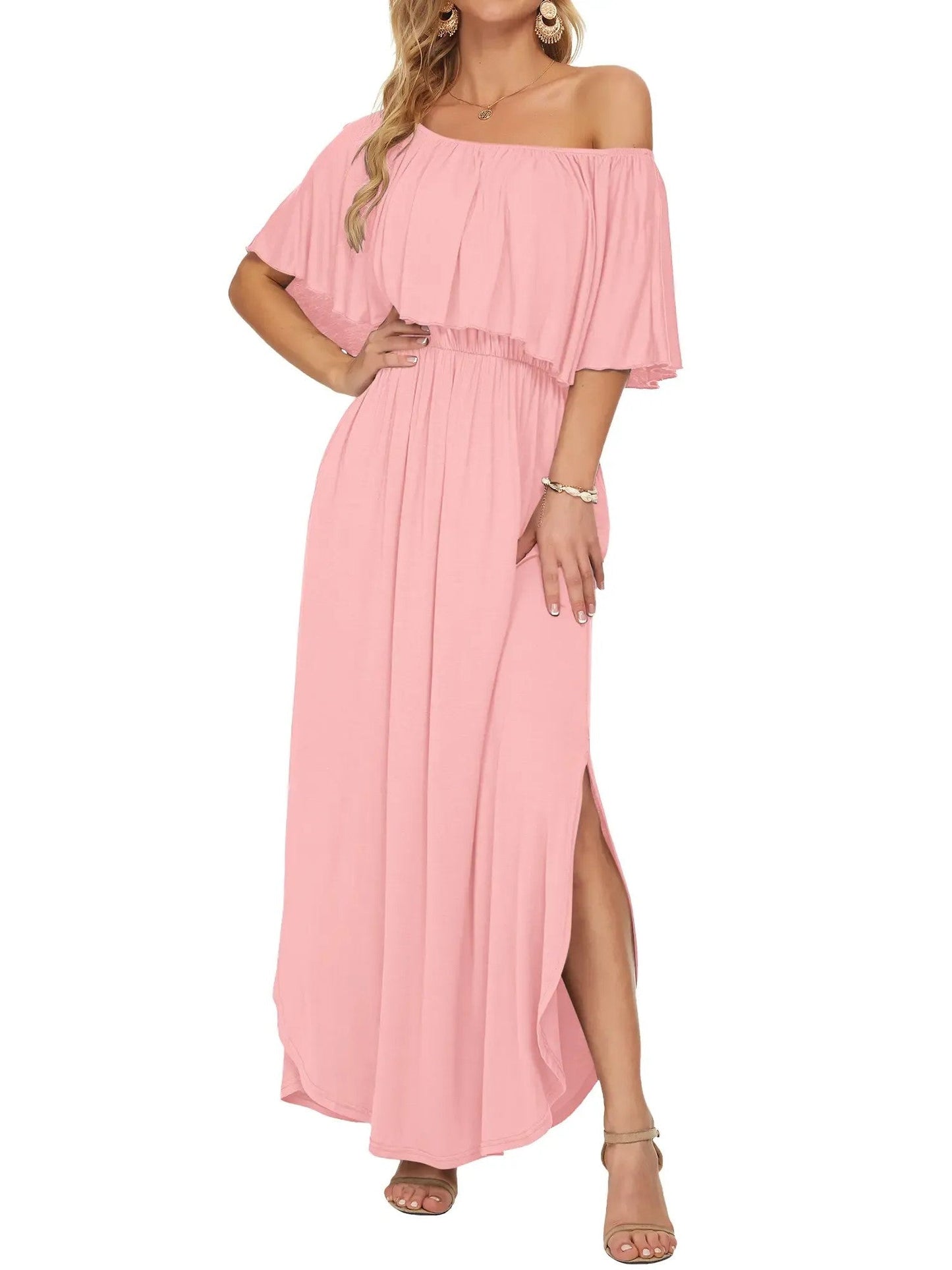 Damen Blumiges Schulterfreies Sommer-Maxikleid