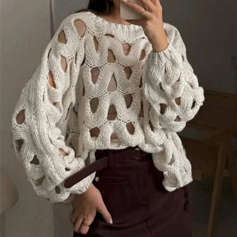 Damen Pullover mit langen Ärmeln und Häkelstrickmuster
