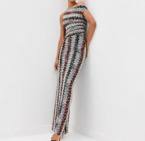 Buntes Maxikleid mit Zickzackmuster, Ein-Schulter-Design und Schlitz