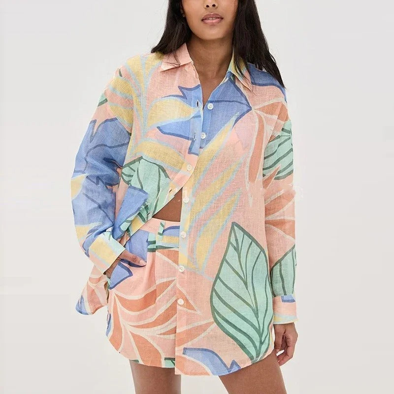 Damen Leinenmischung Bedruckte Bluse und Locker sitzende Shorts mit elastischem Bund Set