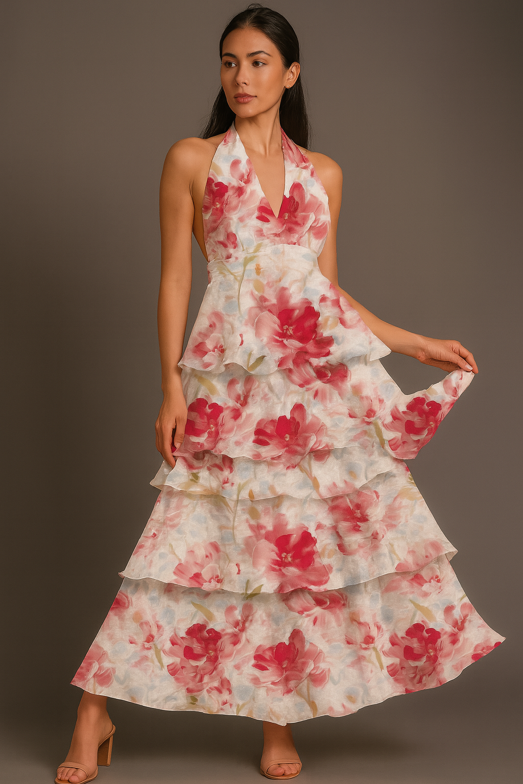 Maxikleid mit Blumenmuster, Neckholder, Stufen und Volants, Taillendetail