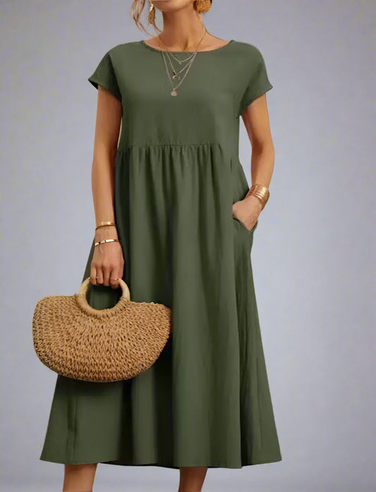 Ingrid® I Stilvolles einfarbiges Sommerkleid aus leichter Baumwolle und Leinen