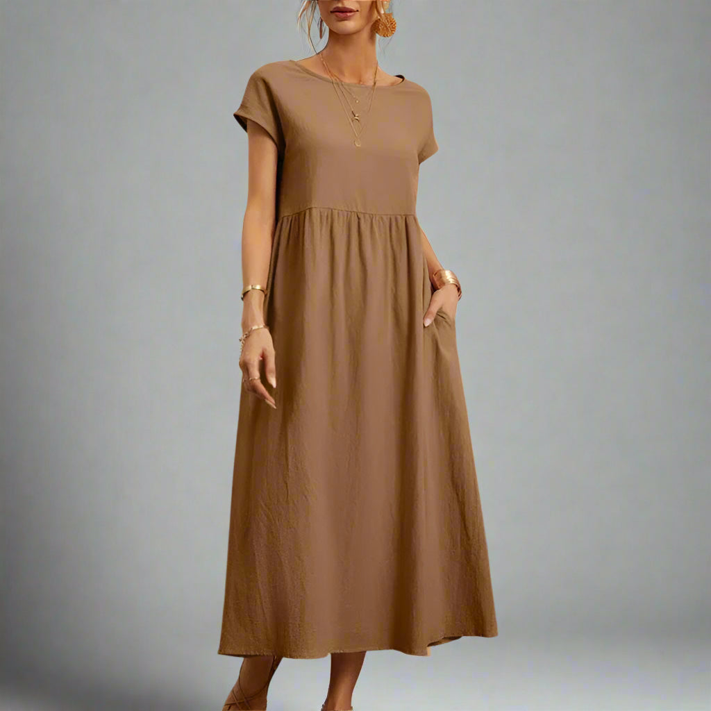 Ingrid® I Stilvolles einfarbiges Sommerkleid aus leichter Baumwolle und Leinen