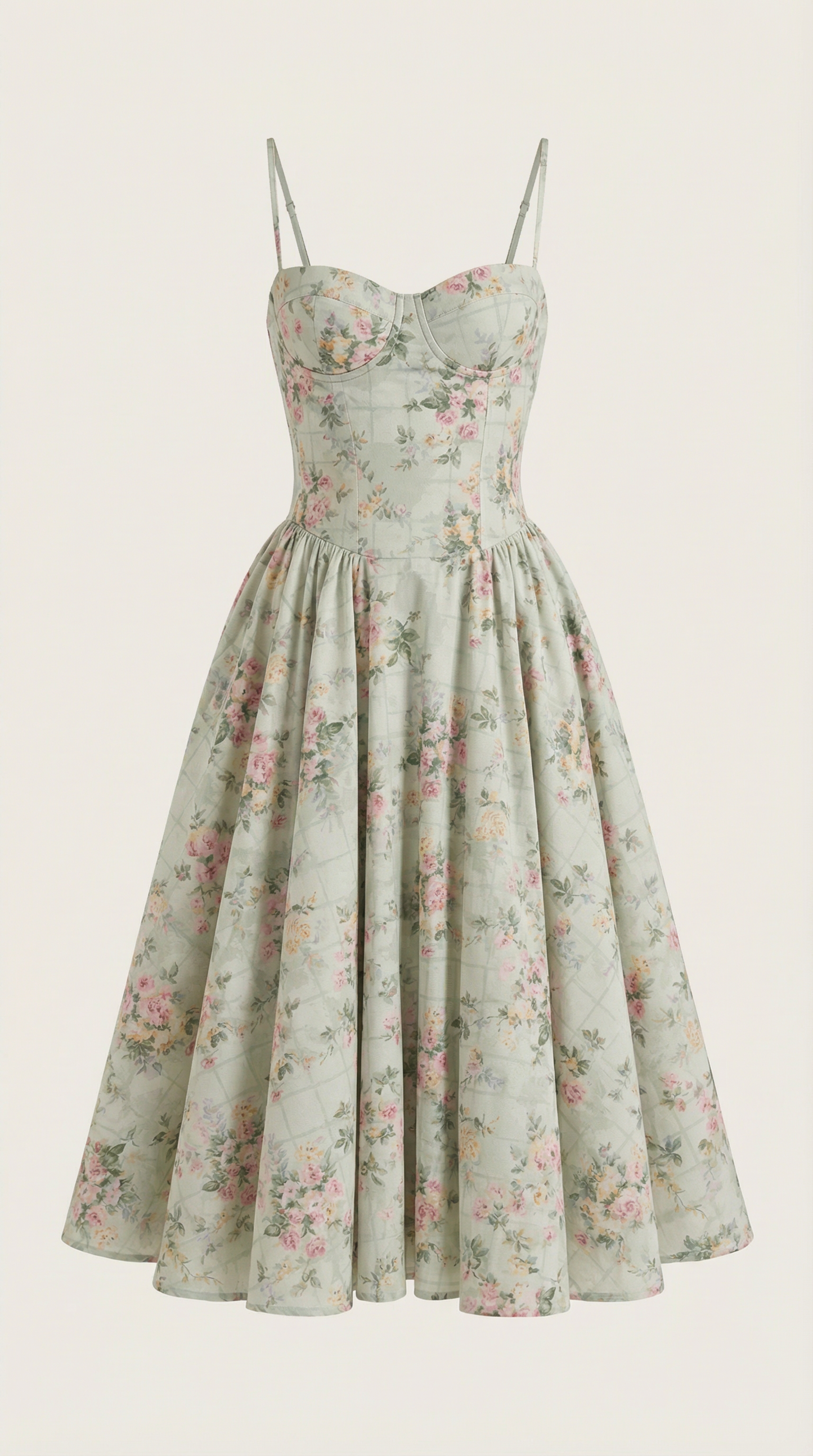 Damen Midikleid mit Blumenmuster und Korsett sowie herzförmigem Ausschnitt