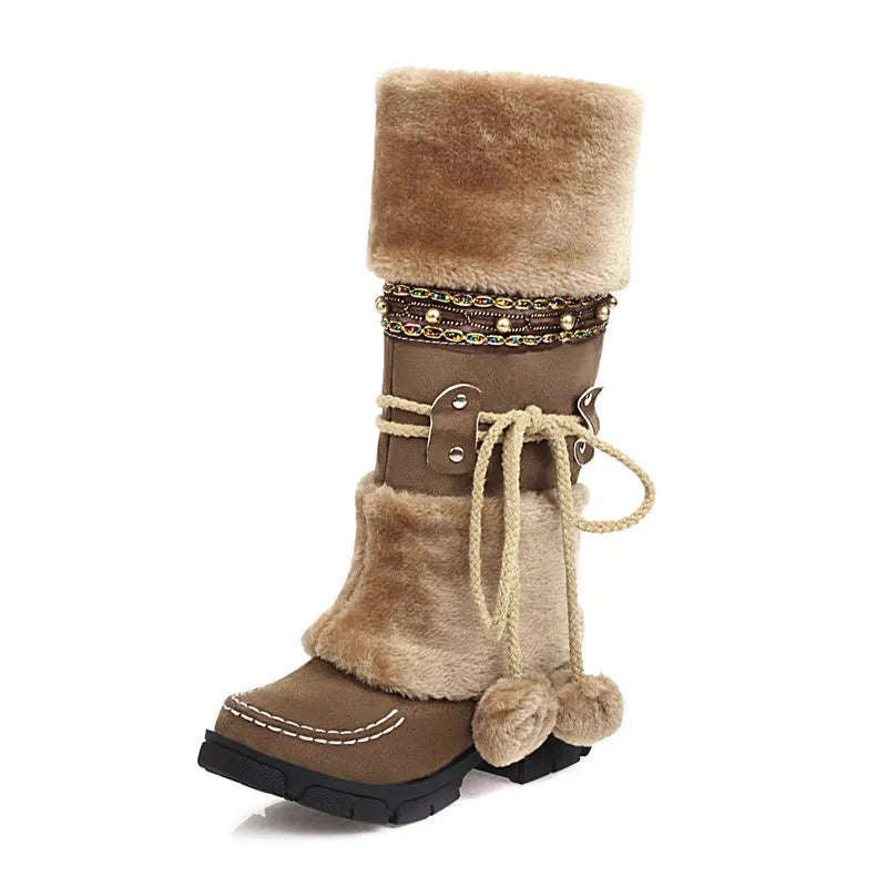 Boho Chic Kunstwildleder knielange Winterstiefel