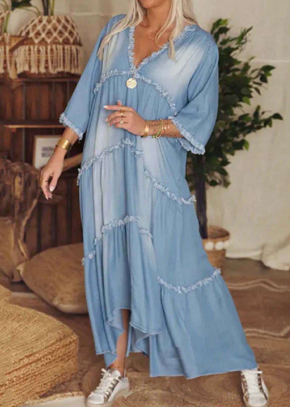 Marga® | Schickes Marineblaues Denimkleid mit V-Ausschnitt, Patchwork und Quasten