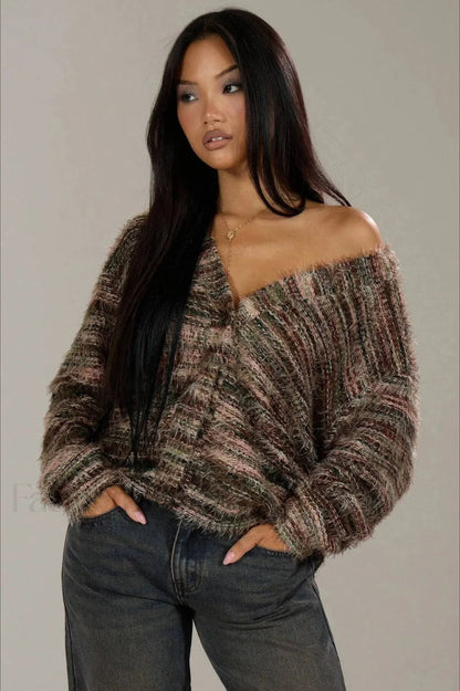 Gemütlicher Vintage Streifen V-Ausschnitt Strickcardigan