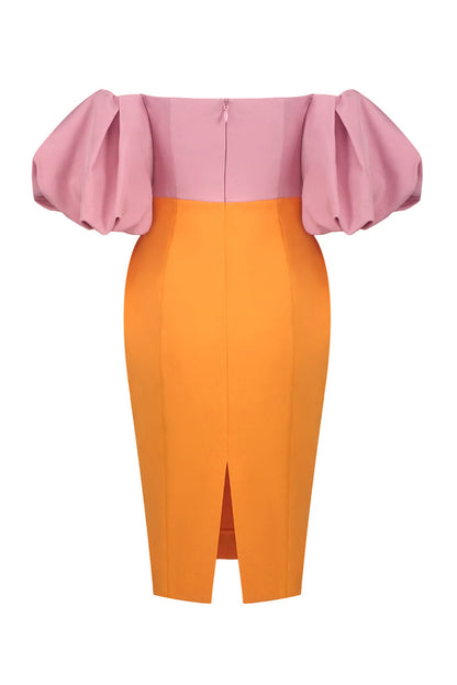 Midi-Kleid mit farbigen Puffärmeln
