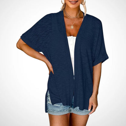 Stilvoller Strickcardigan mit kurzen Ärmeln und offenem Schnittdesign