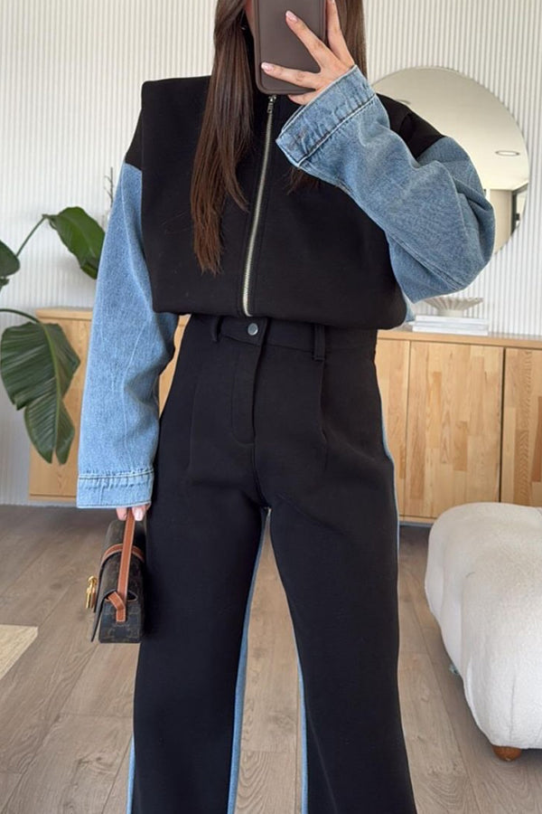 Lässige Jeans Patchwork Reißverschluss Sweatshirtjacke