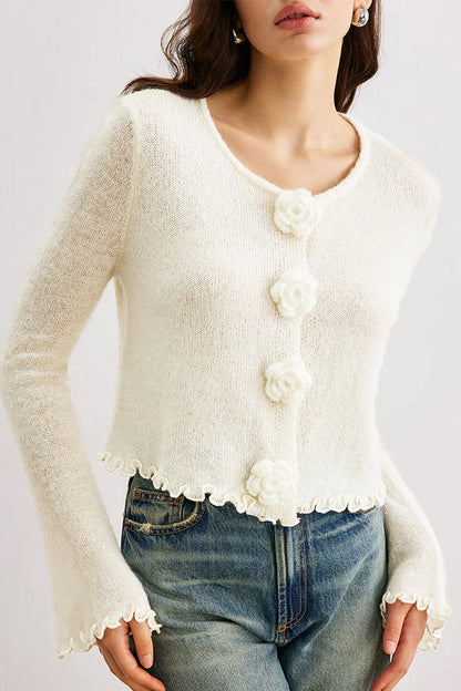 Schlanker Cardigan aus Strick mit floralen Rüschen