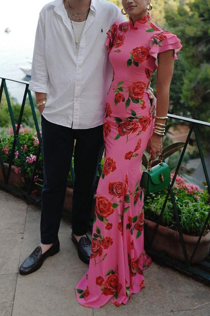 Floral Cheongsam Maxikleid mit eleganten ausgestellten Ärmeln
